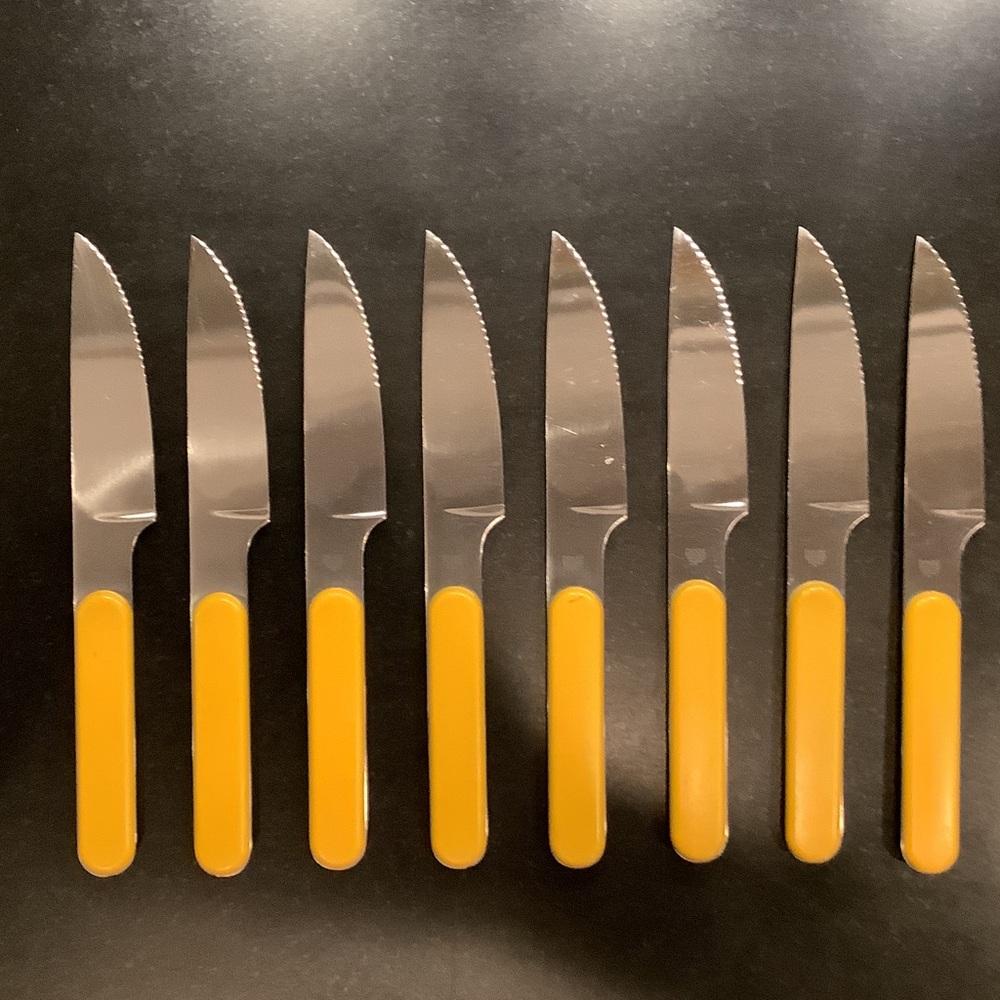 DANSK GC/JAPAN One Set of 8 Yellow Handle Mid-Century Steak Knives
